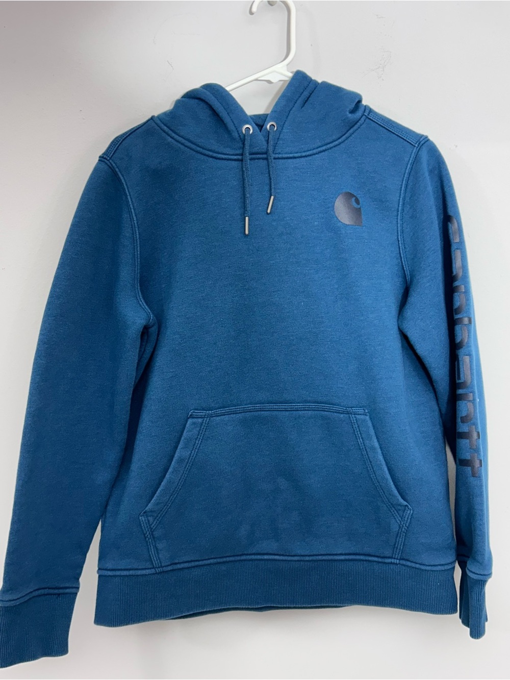 Carhartt Blue Pullover Hoodie Long Sleeve Arm Script Front Pockets Size M (8-10)